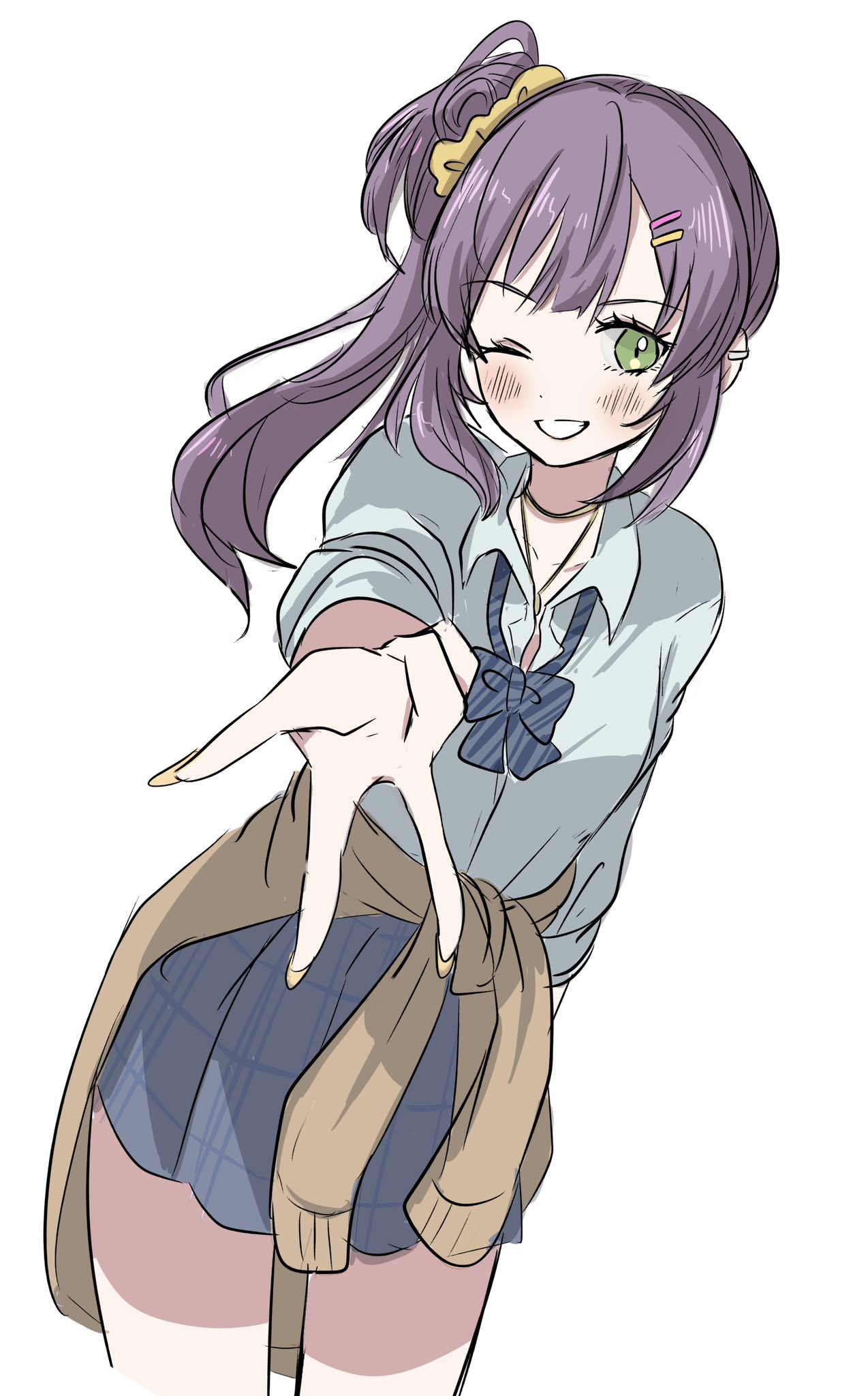 1girl, ;d, alternate_costume, blue_bow, blue_bowtie, blue_shirt, blue_skirt, blush