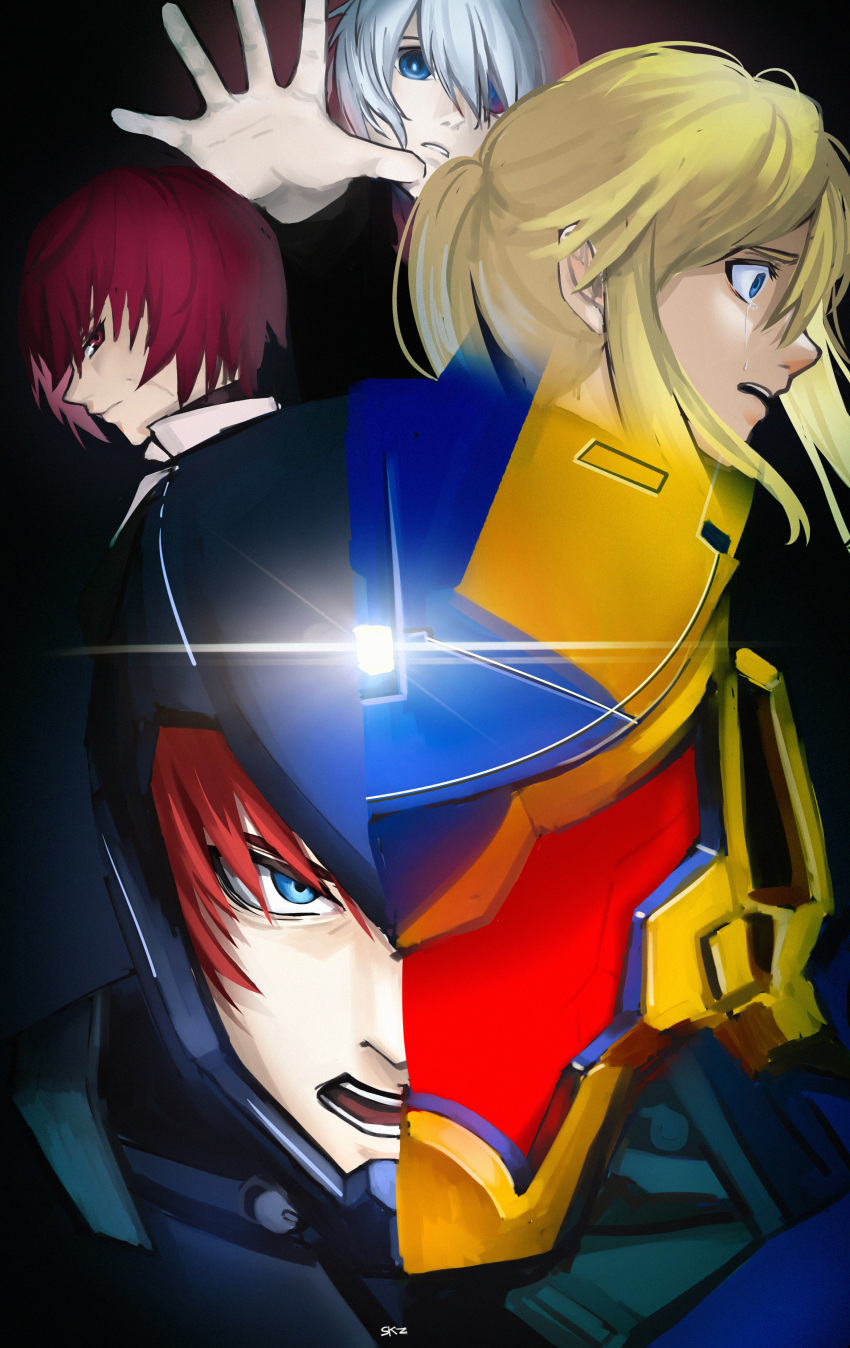 1girl, 2boys, 2girls, absurdres, blonde_hair, blue_eyes, brother_and_sister, crying