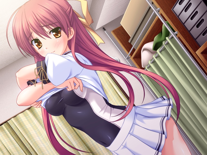 ahoge, atelier_kaguya, blush, breasts, competition_swimsuit, curtains, dutch_angle, embarrassed