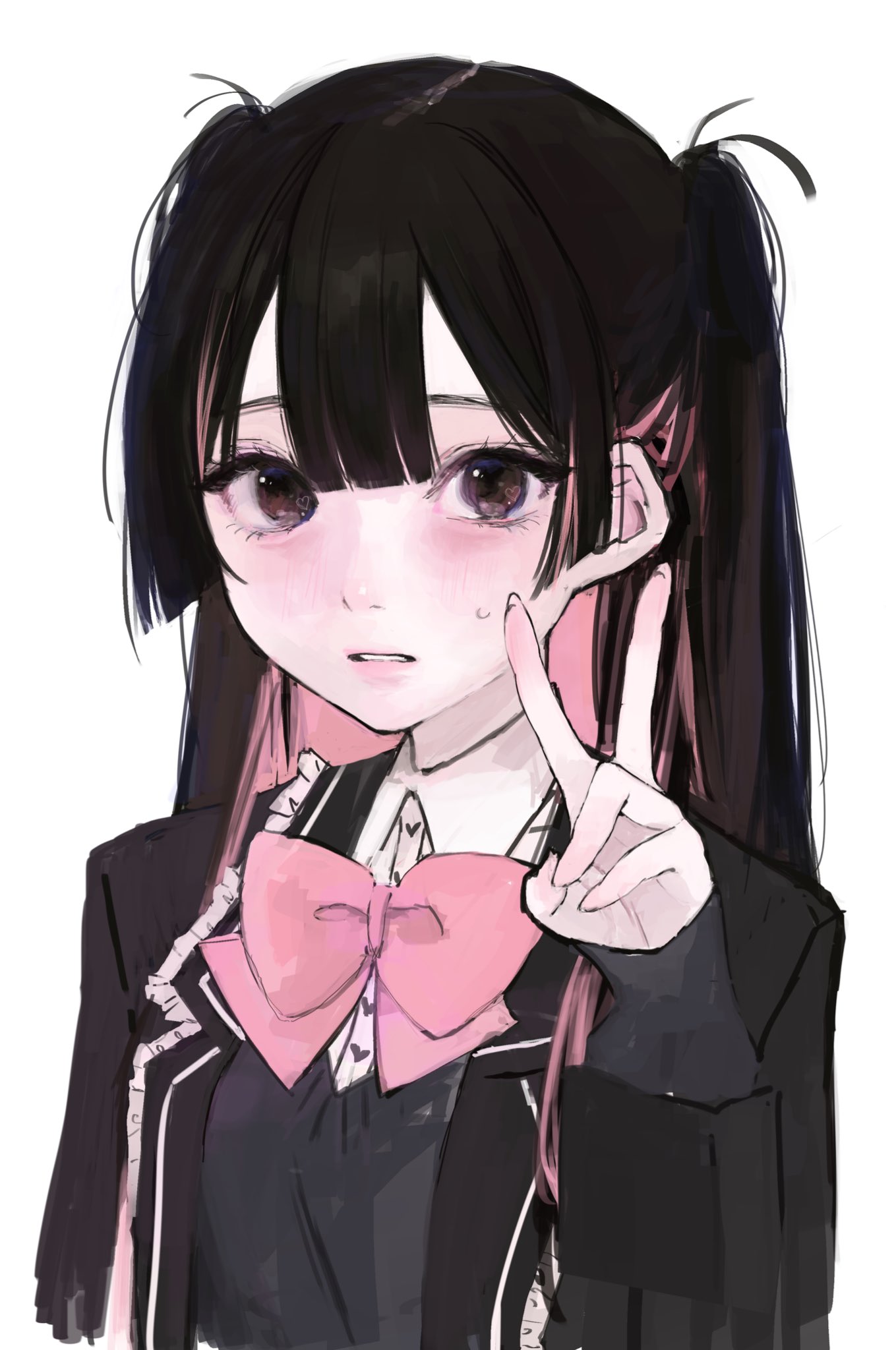 1girl, black_eyes, black_hair, black_jacket, blush, bow, bowtie, cardigan_under_jacket