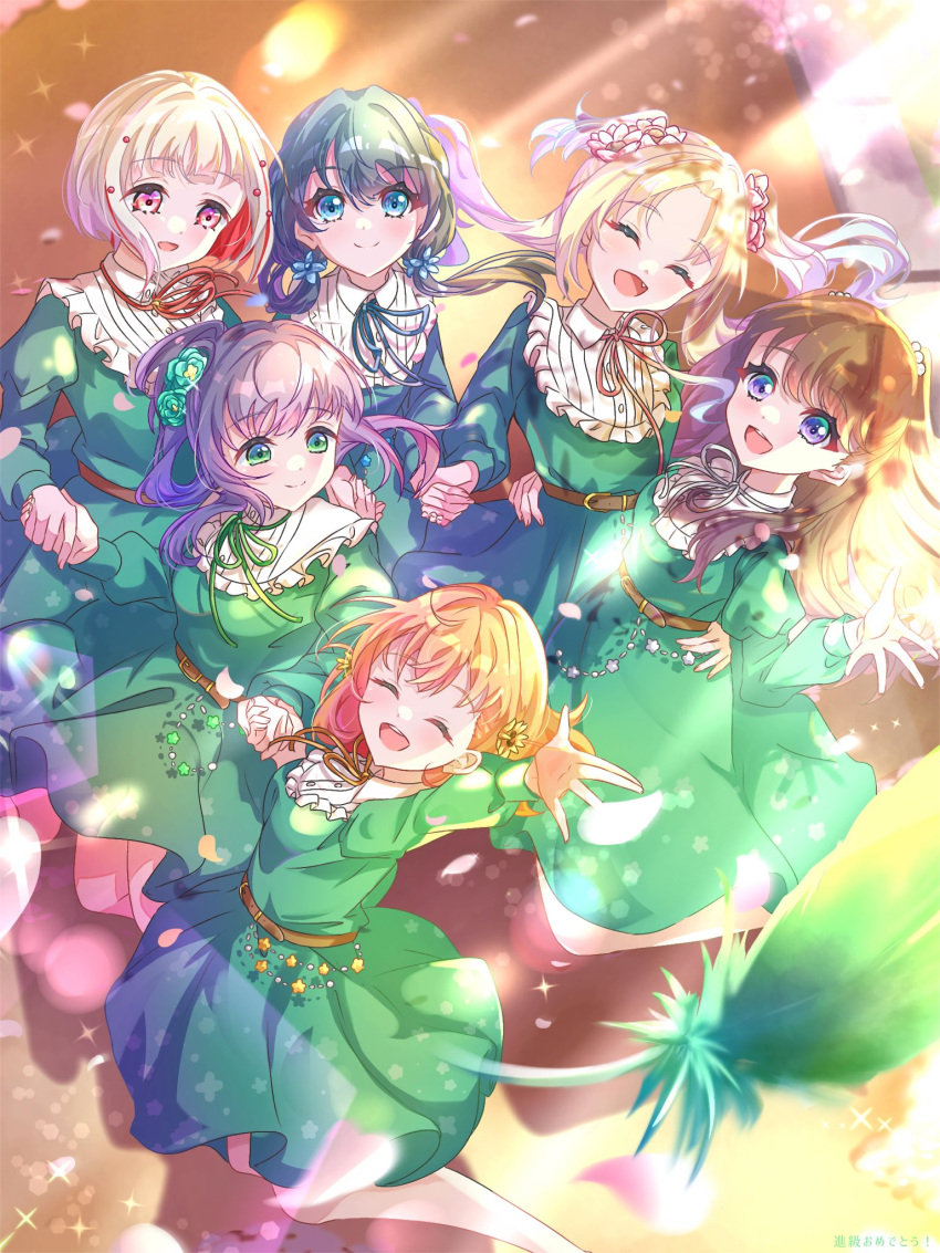6+girls, :d, ^_^, belt, blonde_hair, blue_eyes, blue_flower, blue_hair