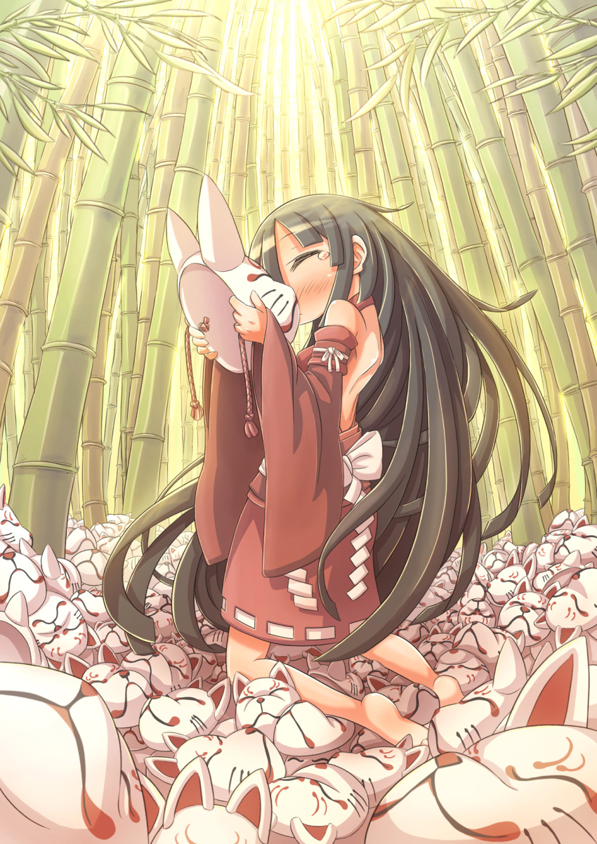 bamboo_forest, bare_shoulders, barefoot, black_hair, blush, closed_eyes, forest, fox_mask