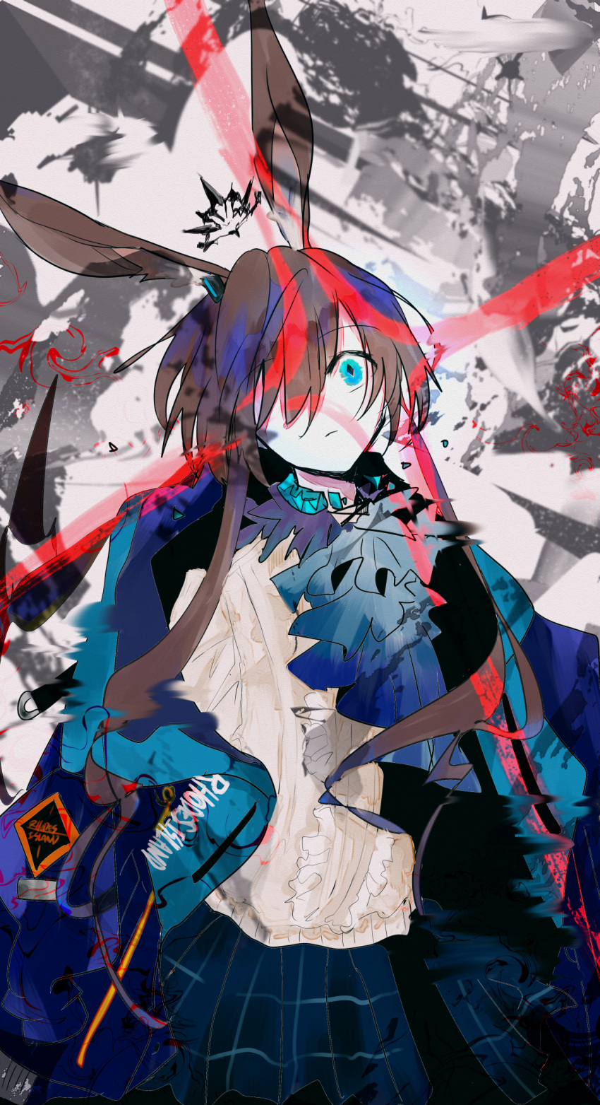 1girl, abstract_background, amiya_(arknights), animal_ears, arknights, ascot, blue_ascot, blue_coat