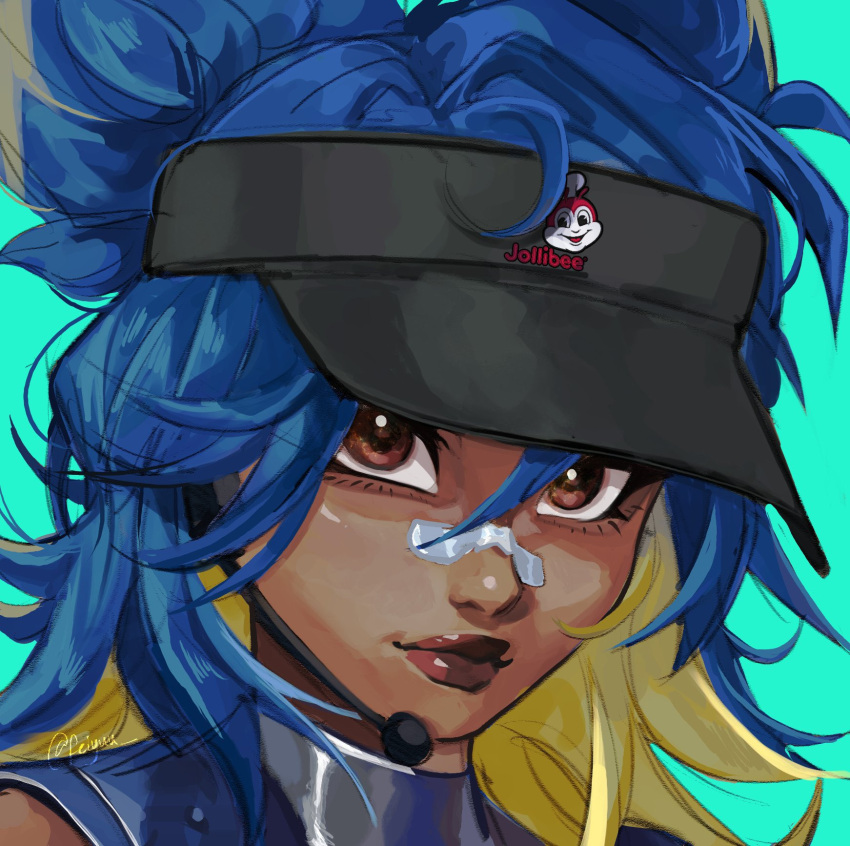 1girl, animification, aqua_background, black_hat, blonde_hair, blue_hair, blue_jacket, brown_lips