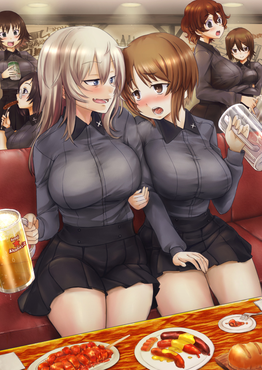 6+girls, absurdres, akaboshi_koume, alcohol, arm_grab, beer, beer_can, beer_mug