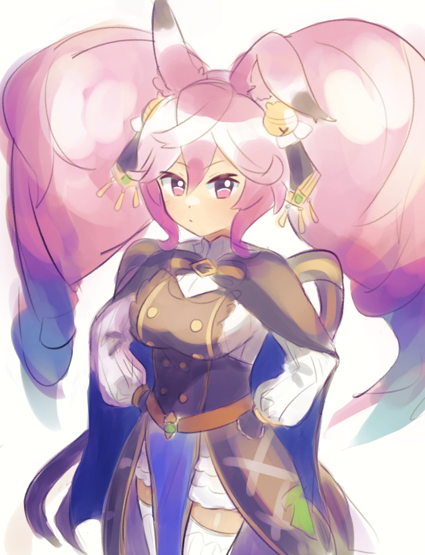 1girl, absurdres, animal_ears, bell, blue_hair, cape, cleo_(dragalia_lost), closed_mouth