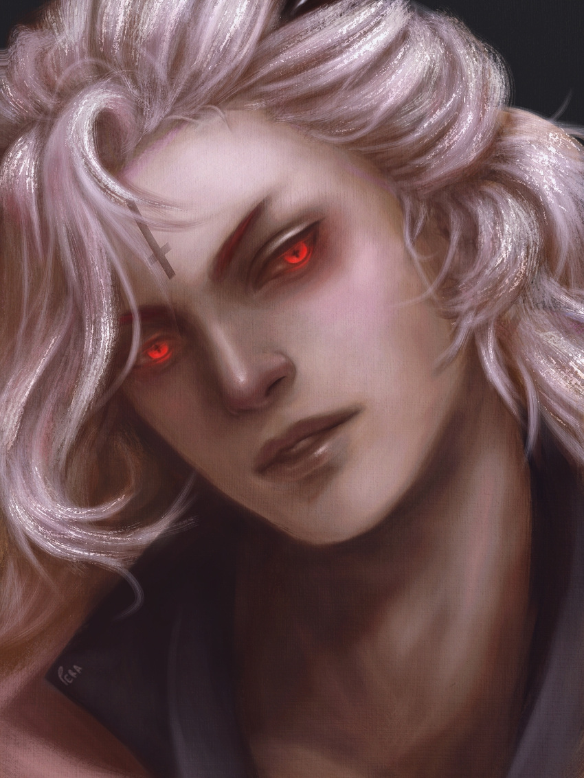 1boy, artist_name, cross, cross-shaped_pupils, facial_mark, facial_tattoo, forehead_mark, forehead_tattoo, glowing, glowing_eyes, glowing_hair, highres, inverted_cross, long_hair, looking_at_viewer, red_eyes, satan_(what_in_hell_is_bad), solo, symbol-shaped_pupils, tattoo, user_wrjz8224, what_in_hell_is_bad, white_hair