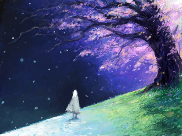 1other, bad_drawr_id, bad_id, blue_background, cherry_blossoms, cloak, falling_petals, grass, grey_cloak, hill, medium_hair, oekaki, original, outdoors, petals, skywalker, standing, tree, white_hair