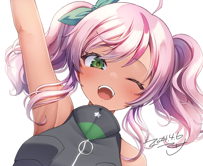 1girl, ahoge, arm_up, bare_shoulders, blush, bodysuit, comandante_cappellini_(kancolle), dark-skinned_female