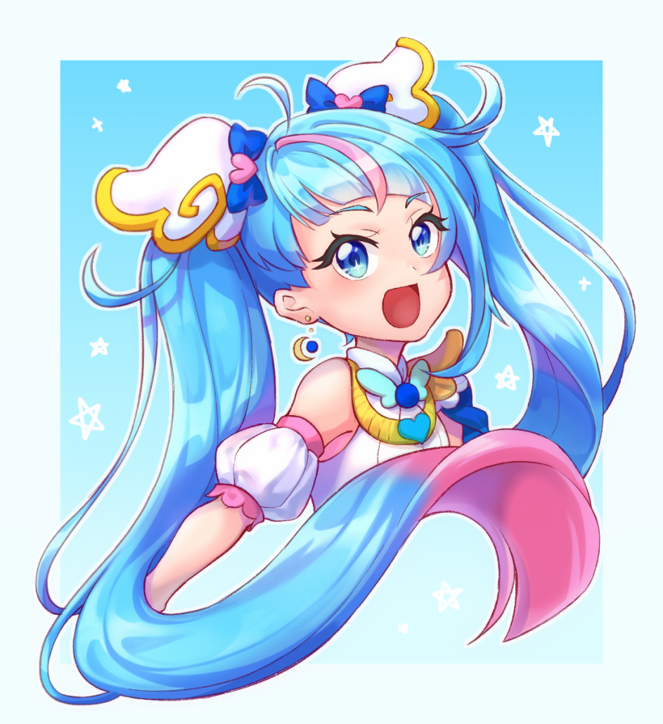 1girl, blue_eyes, blue_hair, commentary, cropped_torso, cure_sky, cut_bangs, detached_sleeves, dress, earrings, gradient_hair, hirogaru_sky!_precure, jewelry, long_hair, looking_at_viewer, magical_girl, multicolored_hair, multiwhite, open_mouth, pink_hair, precure, puffy_detached_sleeves, puffy_sleeves, single_sidelock, sleeveless, sleeveless_dress, smile, solo, star_(symbol), streaked_hair, twintails, two-tone_hair, very_long_hair, white_dress, wing_hair_ornament