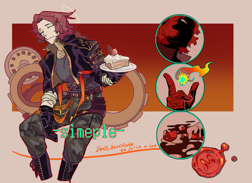 1girl, arm_wrap, black_footwear, black_gloves, black_jacket, boots, brown_background, cake