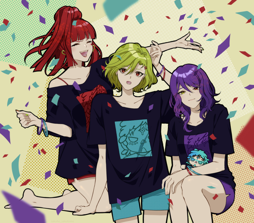 2girls, 2others, alternate_costume, barefoot, blonde_hair, confetti, earrings, gina_(gnosia)