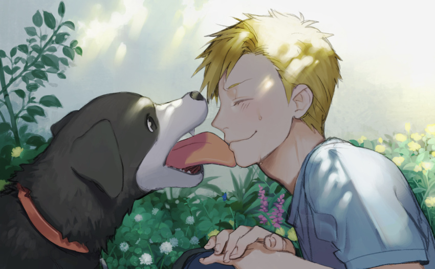 blonde_hair, collar, den_(fullmetal_alchemist), dog, face, face_licking, fullmetal_alchemist, garden