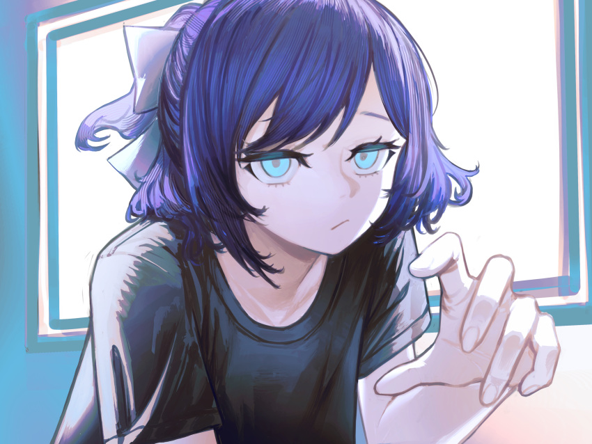 1girl, a-chan_(1st_costume)_(hololive), a-chan_(hololive), absurdres, aqua_eyes, black_shirt, blue_bow, blue_hair