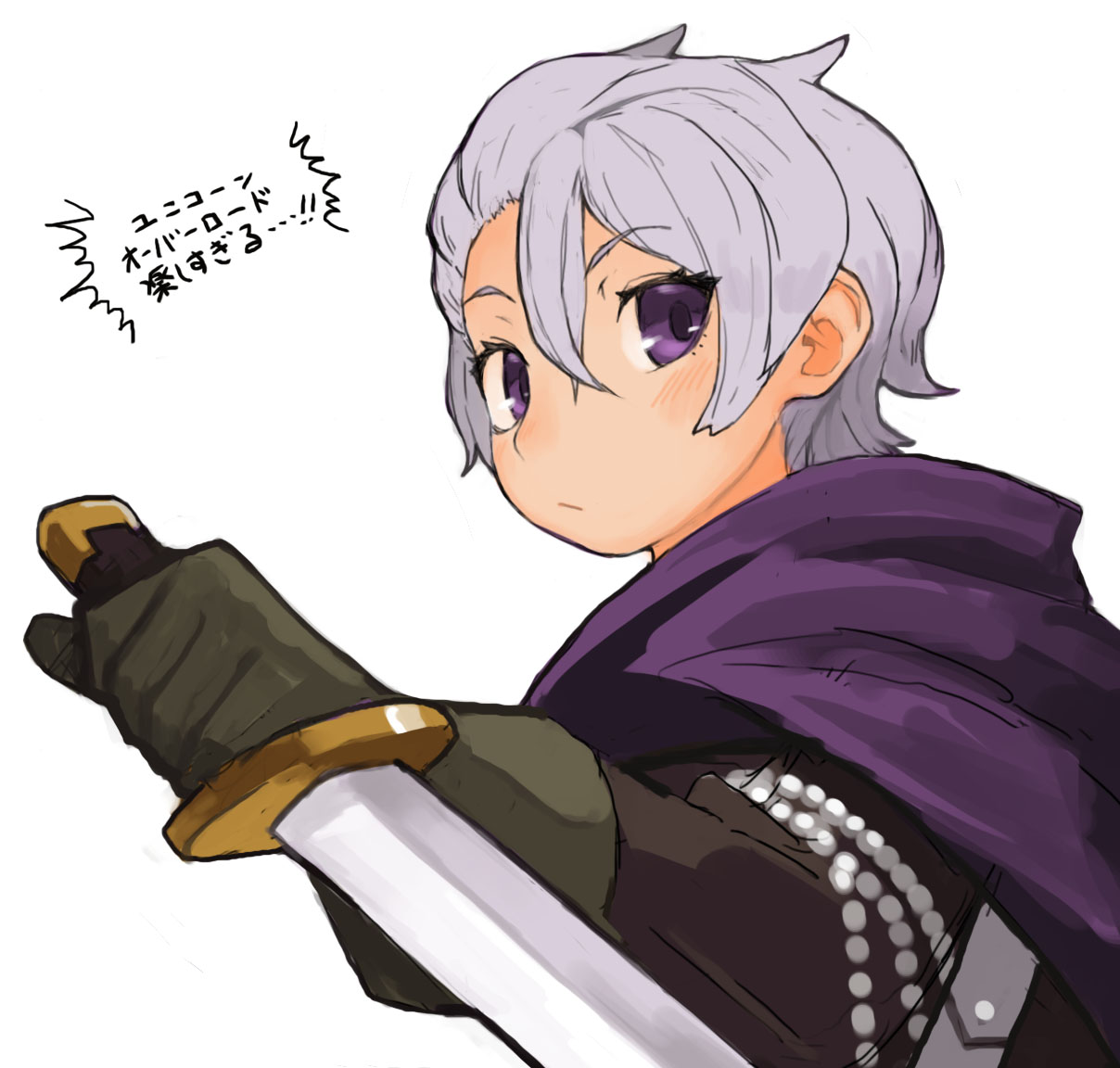 1boy, :/, akumesik, cloak, closed_mouth, crossed_bangs, dagger, gloves, grey_hair, hair_between_eyes, holding, holding_dagger, holding_knife, holding_weapon, knife, male_focus, purple_cloak, short_hair, simple_background, solo, travis_(unicorn_overlord), unicorn_overlord, violet_eyes, weapon, white_background