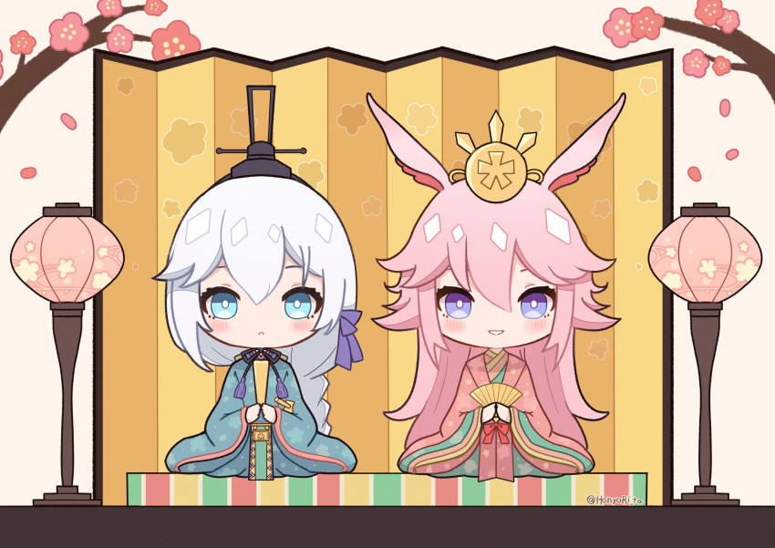 2girls, :o, absurdres, blue_eyes, brown_background, character_request, check_character, commentary_request
