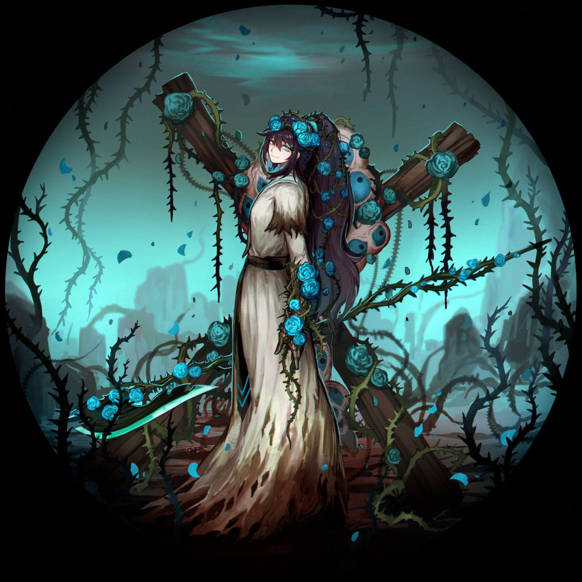 1boy, black_eyes, black_hair, blue_eyes, blue_flower, blue_hairband, blue_rose, e.g.o_(project_moon)