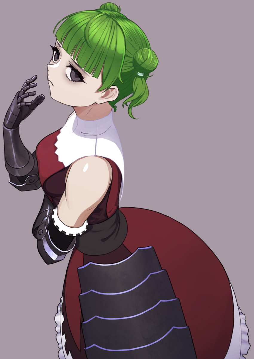 1girl, armor, armored_dress, bare_shoulders, black_armor, black_gloves, blunt_bangs, closed_mouth