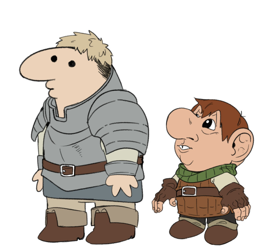 2boys, armor, belt, blonde_hair, boots, brown_footwear, brown_gloves, brown_hair