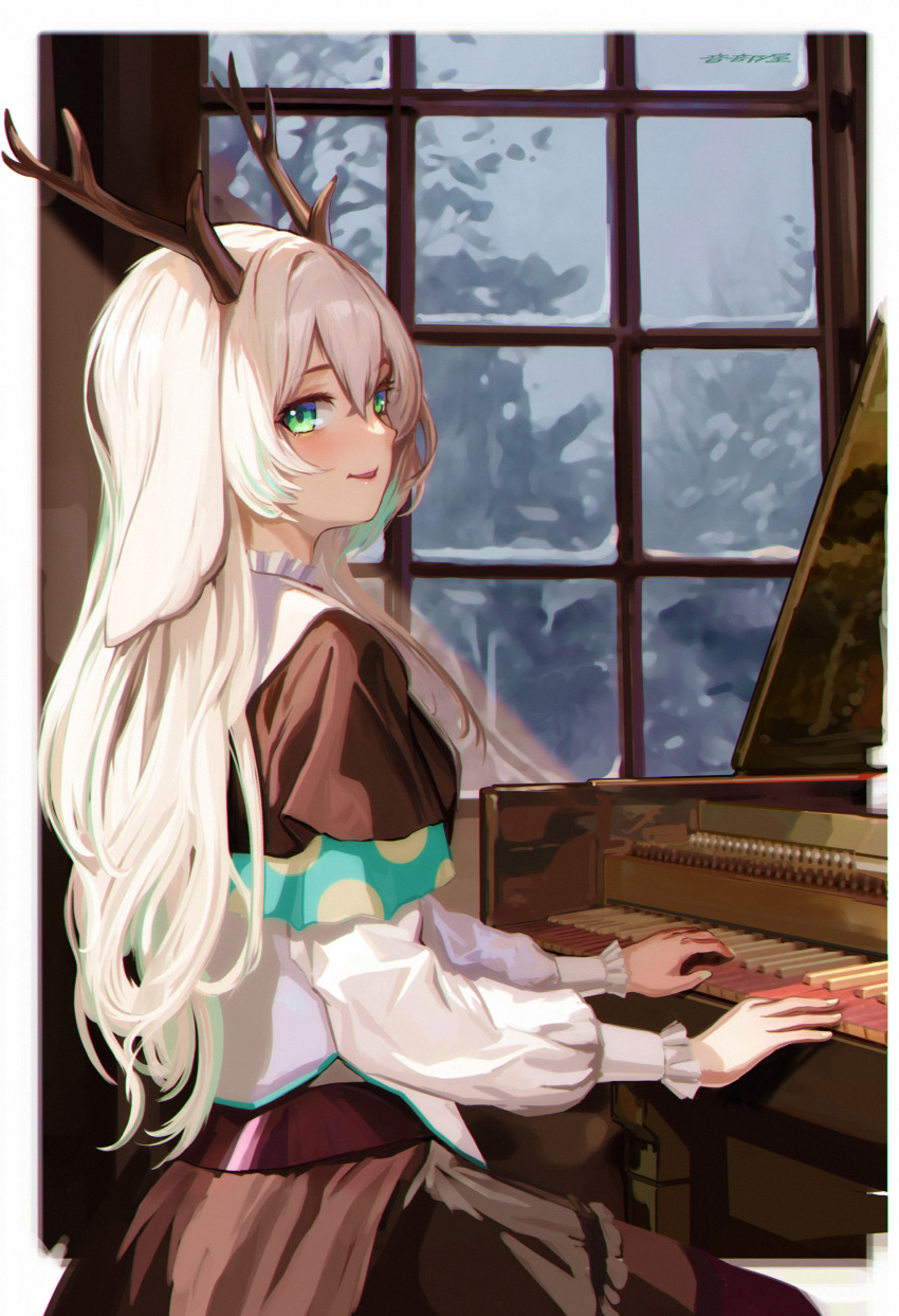1girl, absurdres, animal_ears, antlers, blonde_hair, brown_capelet, brown_skirt, capelet