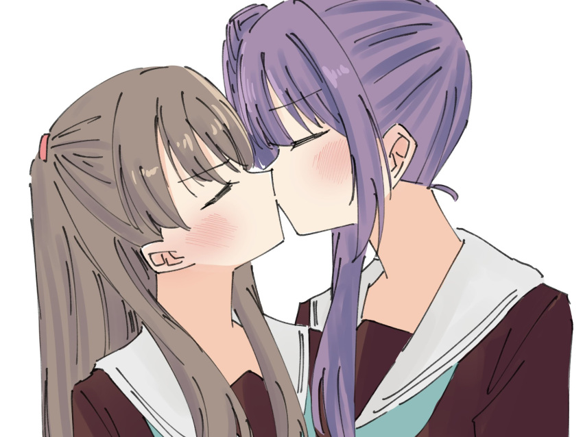 2girls, aqua_neckerchief, ayu_(ayu_illustrate), blush, brown_dress, brown_hair, closed_eyes, dress