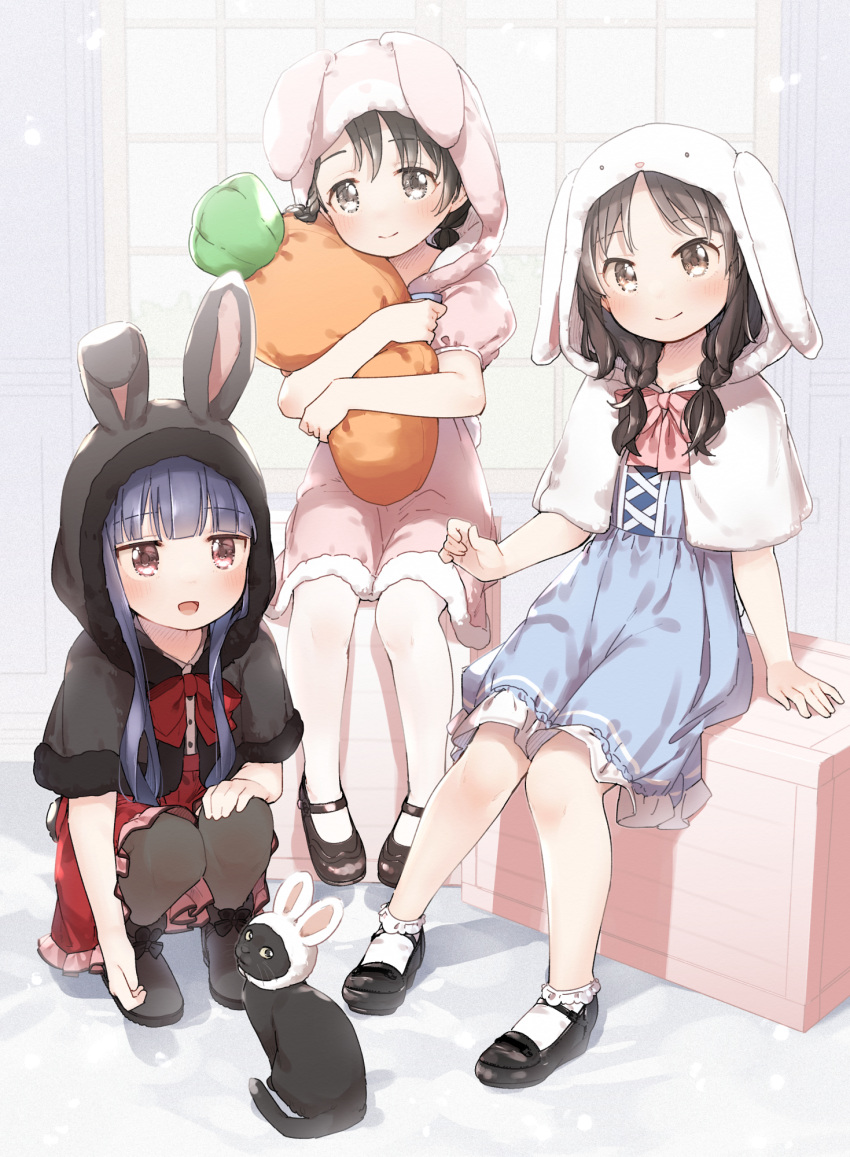 3girls, animal_hood, black_footwear, black_hair, black_hood, blue_dress, blunt_bangs, blush