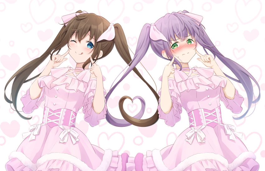 2girls, ;q, absurdres, alternate_hairstyle, blue_eyes, blush, breasts, brown_hair, commentary_request, cosplay, criss-cross_halter, cross-laced_clothes, cross-laced_dress, crossed_bangs, dress, ear_blush, fingers_to_cheeks, frilled_dress, frills, furrowed_brow, green_eyes, hair_between_eyes, hair_ribbon, halterneck, heart, heart_background, heart_hair, heart_hair_duo, highres, in-franchise_crossover, koakuma_love, link!_like!_love_live!, long_hair, looking_at_viewer, love_live!, love_live!_nijigasaki_high_school_idol_club, medium_breasts, multiple_girls, nose_blush, off-shoulder_dress, off_shoulder, one_eye_closed, osaka_shizuku, osaka_shizuku_(cosplay), otomune_kozue, pink_dress, pink_ribbon, purple_hair, ribbon, short_sleeves, sidelocks, small_sweatdrop, split_mouth, tongue, tongue_out, twintails, upper_body, white_background, yutuki_ame