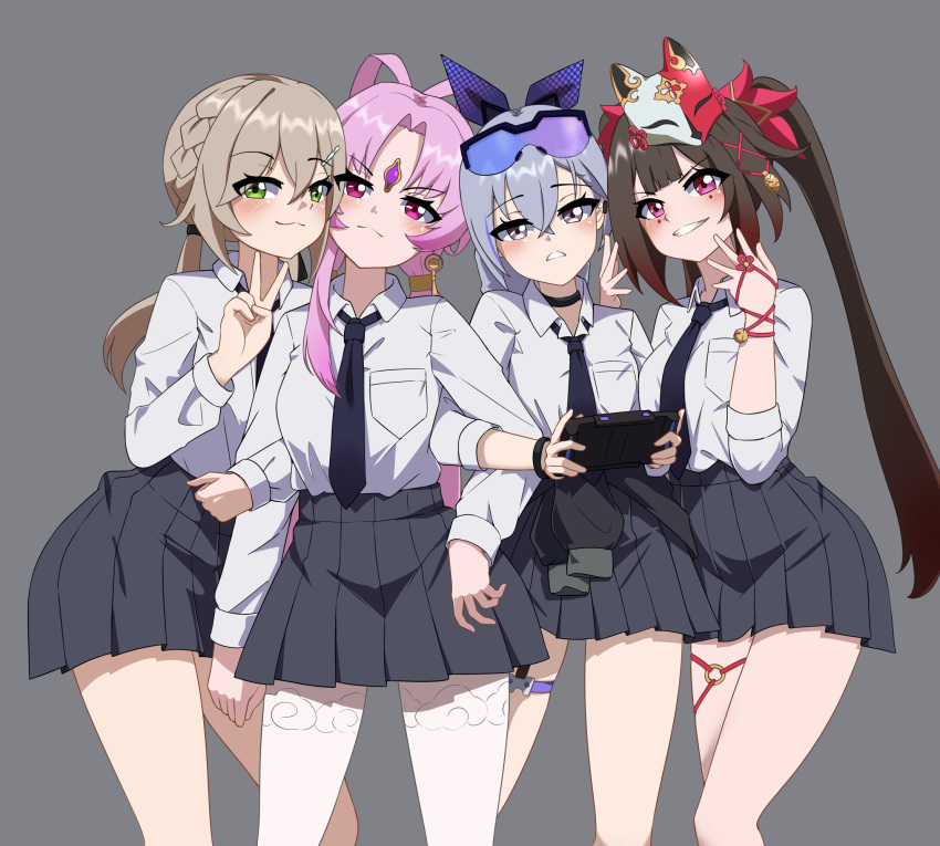 4girls, bell, black_hair, blush, breasts, brown_hair, choker, commentary, english_commentary, eyewear_on_head, facial_mark, forehead_jewel, fox_mask, fu_xuan_(honkai:_star_rail), green_eyes, grey_background, grey_eyes, grey_hair, grin, hair_bell, hair_ornament, hairclip, highres, honkai:_star_rail, honkai_(series), leovic, long_hair, looking_at_viewer, mask, mask_on_head, multiple_girls, necktie, pantyhose, pink_eyes, pink_hair, pleated_skirt, qingque_(honkai:_star_rail), school_uniform, silver_wolf_(honkai:_star_rail), simple_background, skirt, smile, sparkle_(honkai:_star_rail), string, sunglasses, twintails, v, white_pantyhose