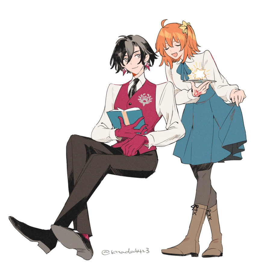 1boy, 1girl, :d, ahoge, artist_name, black_footwear, black_hair, black_necktie, black_pants, black_pantyhose, blue_ribbon, blue_skirt, book, boots, bowing, brown_footwear, closed_eyes, closed_mouth, collared_shirt, commentary_request, constantine_xi_(fate), crossed_legs, curtsey, earrings, fate/grand_order, fate_(series), fujimaru_ritsuka_(female), fujimaru_ritsuka_(female)_(anniversary_blonde), full_body, gloves, grey_eyes, hair_between_eyes, hair_ornament, hair_scrunchie, highres, holding, holding_book, holding_tray, invisible_chair, jewelry, kitada, loafers, long_sleeves, looking_at_another, looking_to_the_side, neck_ribbon, necktie, one_side_up, open_book, open_mouth, pants, pantyhose, pink_gloves, pink_socks, pink_vest, ribbon, scrunchie, shirt, shoes, short_hair, sideways_glance, simple_background, sitting, skirt, skirt_hold, smile, socks, standing, tray, twitter_username, u_u, vest, watson_cross, white_background, white_shirt, wing_collar, yellow_scrunchie