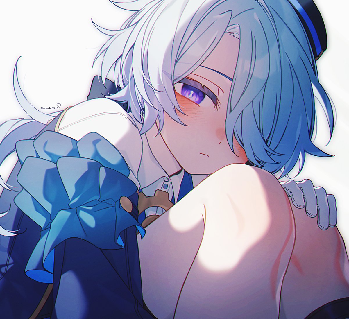 1boy, black_hat, black_socks, blue_hair, blush, closed_mouth, coojisan, gloves