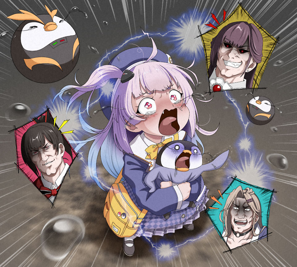 4girls, ahoge, animal_hug, ascot, bag, beret, bird, black_choker