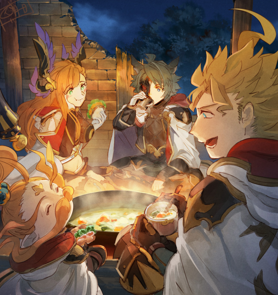 animal_ears, anre_(granblue_fantasy), asymmetrical_bangs, bell-bottoms, blonde_hair, brown_hair, cape, cloak