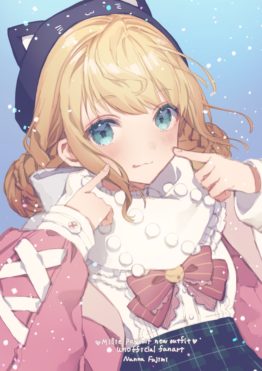 1girl, 778-go, :3, :p, ahoge, animal_hat, aqua_eyes, bell, blonde_hair, blush, bow, bowtie, braid, cat_hat, double_bun, fingers_to_cheeks, hair_bun, hat, highres, jacket, jingle_bell, looking_at_viewer, medium_hair, millie_parfait, millie_parfait_(3rd_costume), nijisanji, nijisanji_en, pink_bow, pink_bowtie, pink_jacket, scarf, snowing, solo, tongue, tongue_out