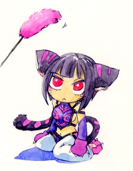 :<, animal_ears, bare_shoulders, black_hair, breasts, capcom, cat_ears, cat_gloves, cat_paws, cat_tail, cat_teaser, chibi, detached_sleeves, elbow_gloves, gloves, han_juri, kemonomimi_mode, looking_up, midriff, navel, paws, red_eyes, sideboob, simple_background, solo, street_fighter, street_fighter_iv, tail, tk_(hibatidori), whiskers, white_background