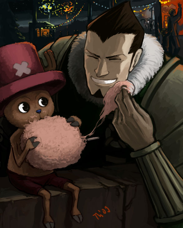 2boys, aerial_fireworks, cotton_candy, creature, dalton_(one_piece), eating, facial_hair, fireworks