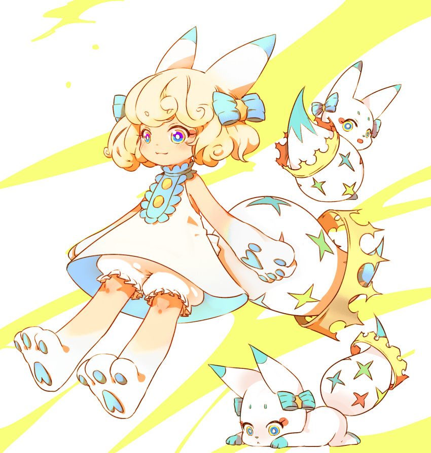 1girl, :3, animal_ears, animal_hands, blonde_hair, bloomers, blue_bow, bow