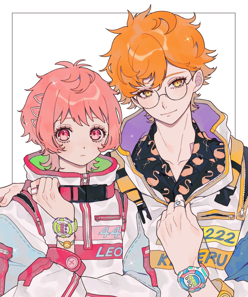 2boys, ao_(ao0_0nemu), bad_id, bad_twitter_id, black_shirt, closed_mouth, collared_shirt, commentary_request, flamingo_print, glasses, hand_on_another's_shoulder, hand_up, high_collar, highres, jacket, jewelry, juuouin_kakeru, king_of_prism, long_sleeves, looking_at_viewer, male_focus, multiple_boys, orange_eyes, orange_hair, otoko_no_ko, pink_eyes, pink_hair, pretty_rhythm, pretty_series, puffy_long_sleeves, puffy_sleeves, ring, round_eyewear, saionji_leo, shirt, short_hair, smile, watch, watch, white_background, white_jacket
