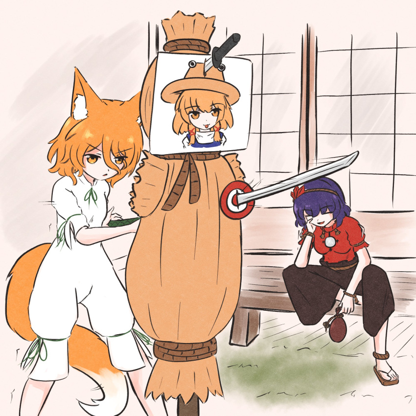 2girls, animal_ears, black_skirt, blonde_hair, commentary, english_commentary, fox_ears, fox_girl