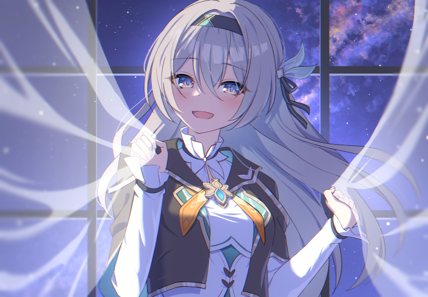 1girl, aqua_skirt, black_hairband, black_jacket, blush, bow, bowtie, breasts