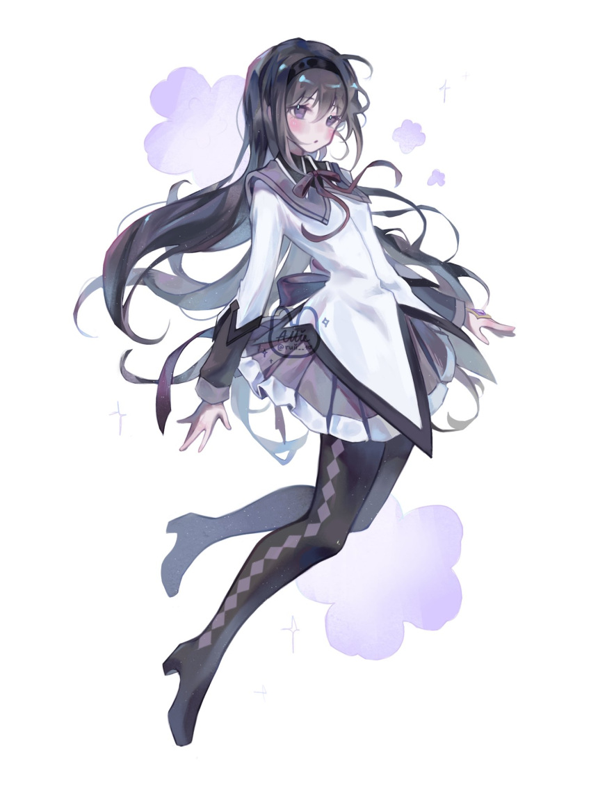 1girl, :o, akemi_homura, allie_(ruii_10), argyle_clothes, argyle_pantyhose, arms_at_sides, black_hair
