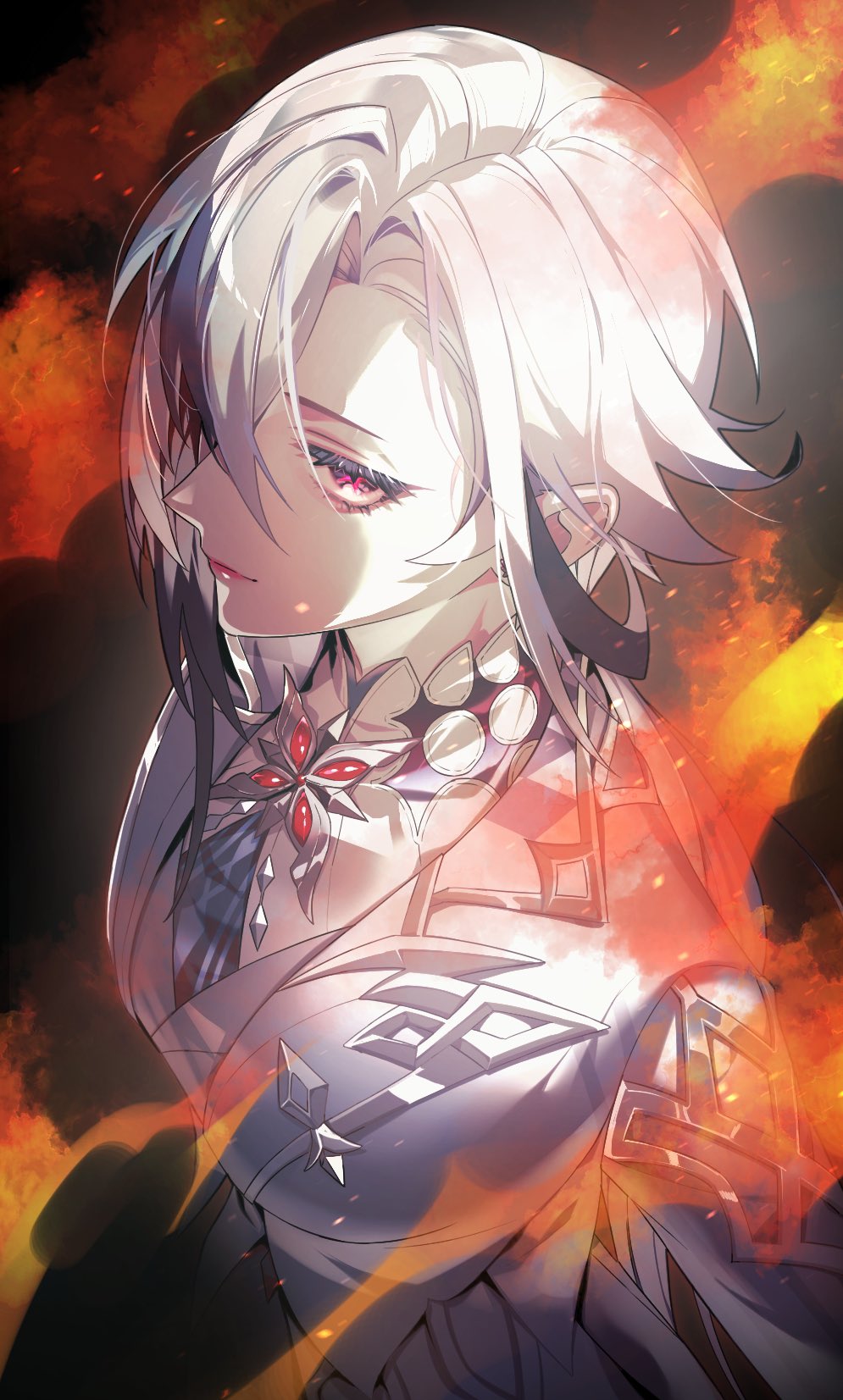 1girl, arlecchino_(genshin_impact), asymmetrical_bangs, black_background, black_eyes, black_hair, breasts, closed_mouth, fire, from_above, genshin_impact, grey_jacket, grey_vest, highres, jacket, lips, looking_at_viewer, medium_breasts, mottari, multicolored_hair, red_pupils, short_hair, solo, streaked_hair, symbol-shaped_pupils, two-tone_hair, upper_body, vest, white_hair, x-shaped_pupils