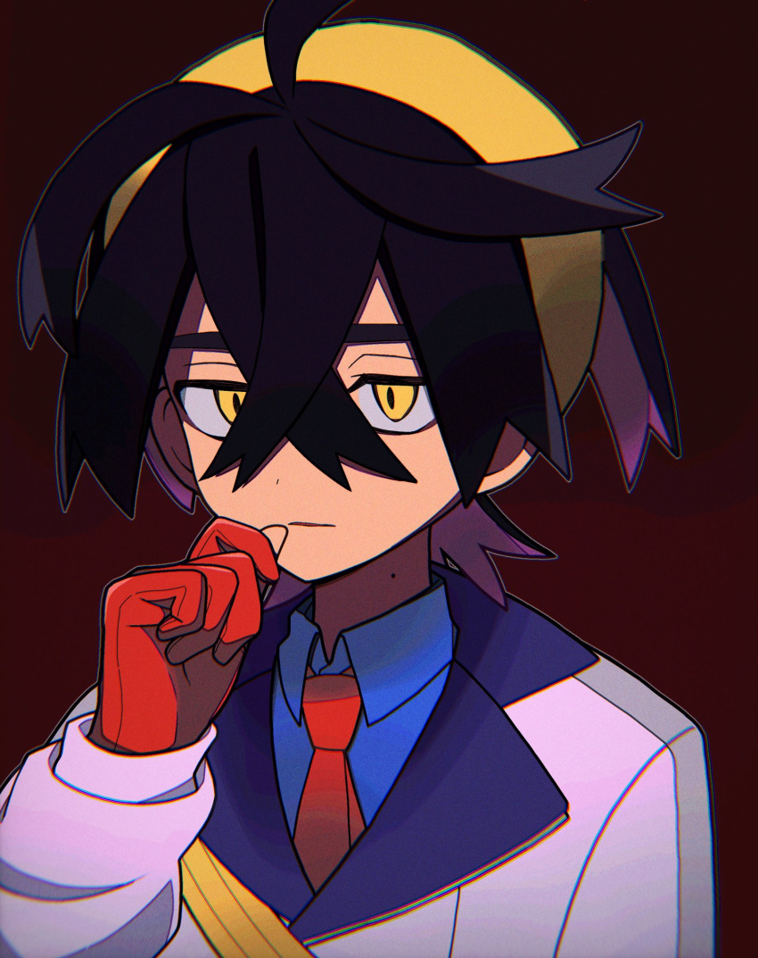 1boy, black_hair, blue_shirt, brown_background, closed_mouth, collared_shirt, crossed_bangs, gloves