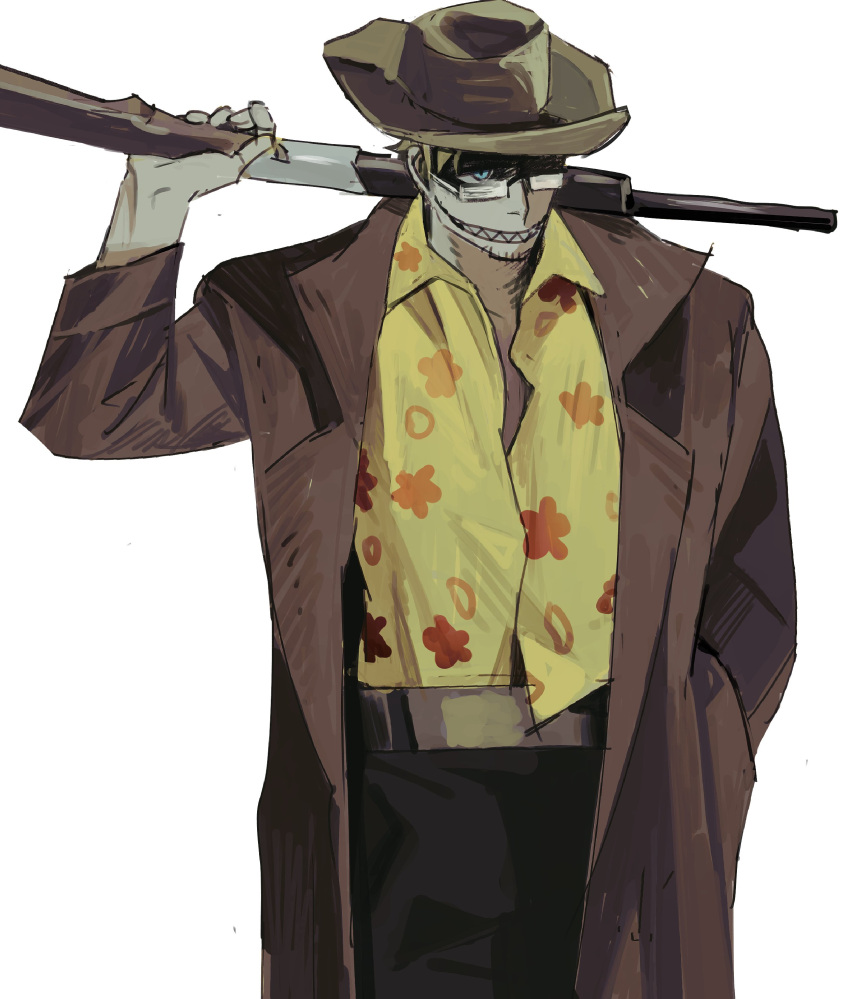 1boy, absurdres, arm_up, black_pants, blonde_hair, blue_eyes, brown_coat, brown_hat