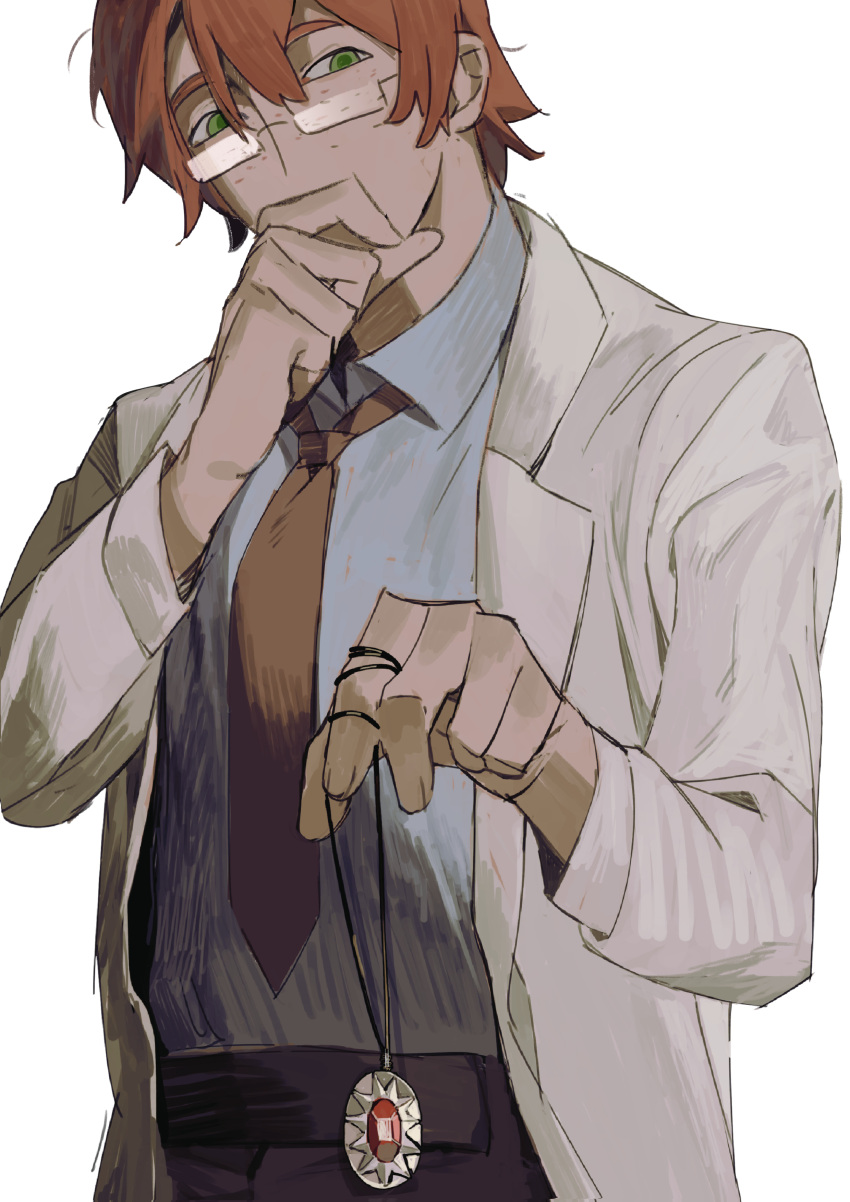 1boy, absurdres, black_pants, blue_shirt, brown_hair, brown_necktie, coat, collared_coat