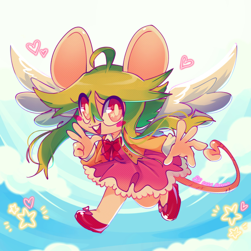 1girl, :d, ahoge, alternate_costume, animal_ears, blue_sky, blush_stickers, bow, bowtie, boxyam, buck_teeth, chibi, clouds, collar, collared_dress, commentary, dated, dress, english_commentary, footwear_bow, frilled_dress, frills, full_body, green_hair, hair_between_eyes, heart, heart_tail, highres, looking_at_viewer, mad_rat_dead, mouse_ears, mouse_girl, mouse_tail, pink_dress, rat_god_(mad_rat_dead), red_bow, red_bowtie, red_eyes, red_footwear, sidelocks, signature, simple_background, sky, smile, solo, star_(symbol), tail, teeth, v, vest, white_collar, yellow_vest