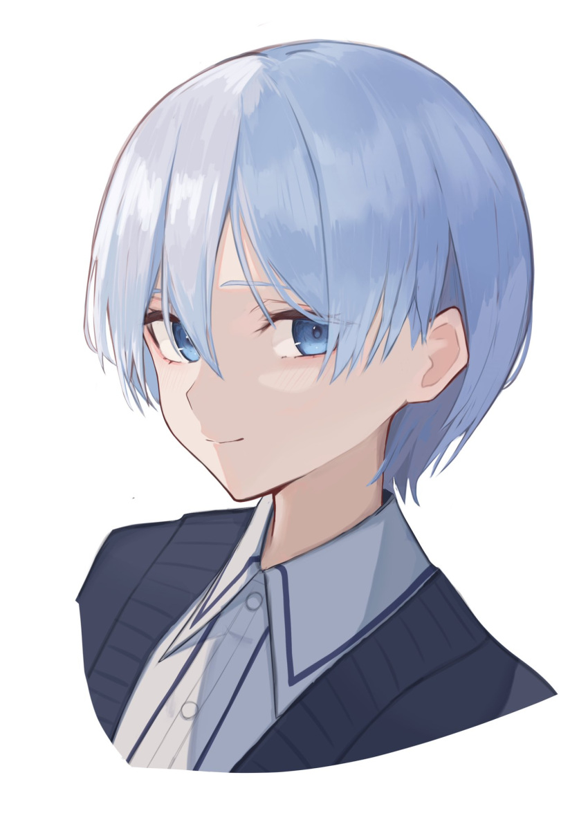 1girl, blue_eyes, blue_hair, blush, cardigan, collared_shirt, commentary, cropped_shoulders