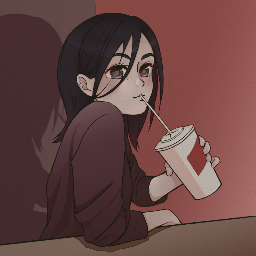 1girl, absurdres, beck, brown_hair, cup, drinking, drinking_straw, drinking_straw_in_mouth