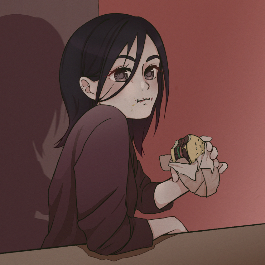 1girl, absurdres, beck, brown_hair, burger, eating, elbows_on_table, food