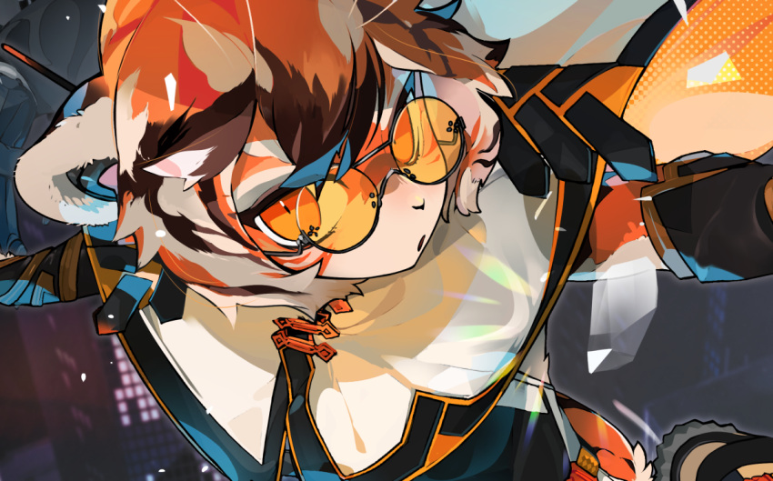 1girl, animal_ears, animal_print, anniversary, arknights, body_fur, close-up, furry, furry_female, glasses, idkuroi, looking_at_viewer, open_mouth, orange_eyes, orange_hair, round_eyewear, short_hair, solo, tail, tiger_ears, tiger_girl, tiger_print, tiger_tail, waai_fu_(arknights)