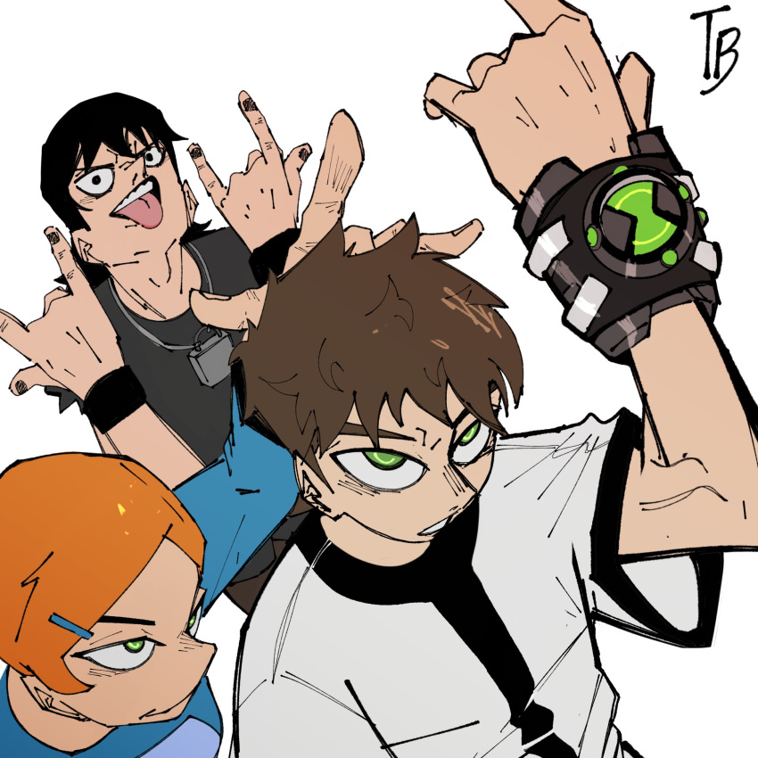 1girl, 2boys, bags_under_eyes, ben_10, ben_tennyson, black_eyes, black_hair, brown_hair, cousins, green_eyes, gwen_tennyson, hair_ornament, hairclip, highres, kevin_levin, multiple_boys, omnitrix, orange_hair, shirt, sleeveless, sleeveless_shirt, thatboy_studio